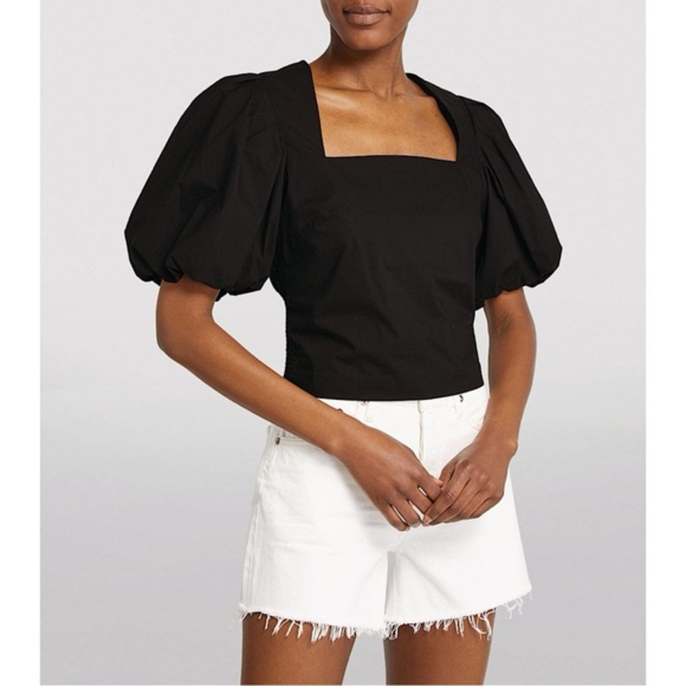 FRAME Cropped Nina Cotton Smocked Blouse Black puff sleeve elastic ruching M
